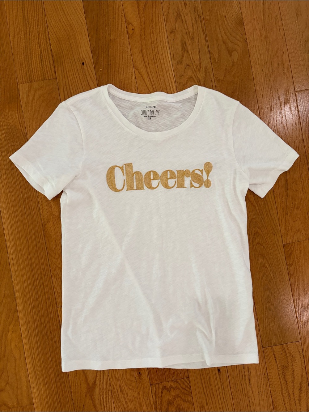 J. Crew White Short Sleeve Tee with Gold "Cheers!" Graphic